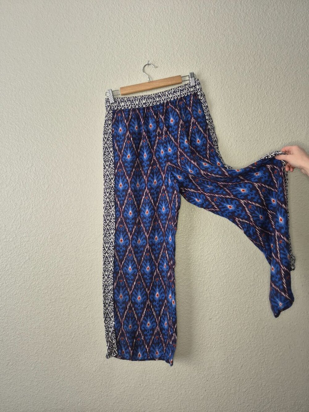 Anthropologie Vale Wide Leg Pants Women M Blue Ikat Boho Palazzo 100% Viscose